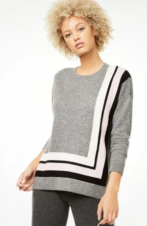 Charter Club Pure Cashmere Border Trim Sweater Gray Heather Pink Stripe Large thumbnail 1