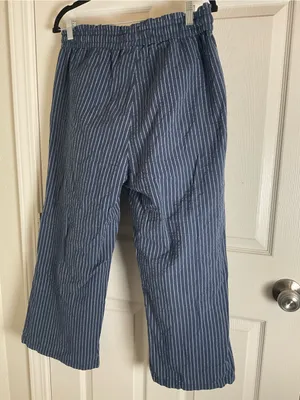 Women’s Blue & White Striped Linen Blend Wide Leg Pants Drawstring Lounge Size L thumbnail 8