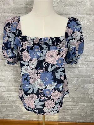 J. Crew Navy Floral Puff-Sleeve Square Neck Top thumbnail 1