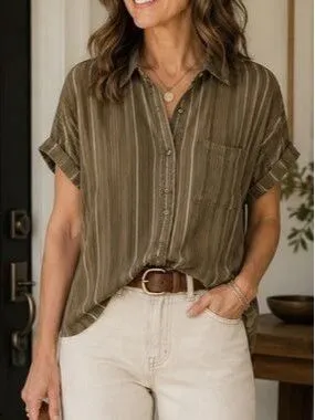American Eagle Women's Striped Button-Down Safari Chic Short-Sleeve Shirt M thumbnail 1