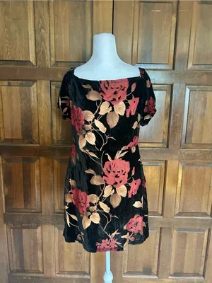 Moon River Velvet Floral Dress L Whimsigoth Rose Off Shoulder Jacquard Mini thumbnail 4