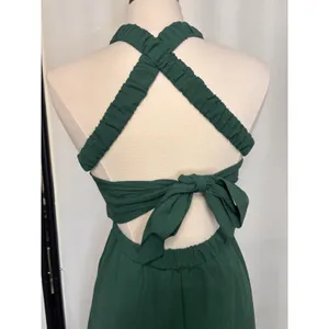 Womens Smocked Green Midi Dress Cottage Sundress Pockets Backless Straps Stretch thumbnail 4