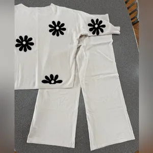 Sioni 2 Piece Set. Cream with Black Flowers. Loungewear, Wide Leg Pants, Soft thumbnail 2