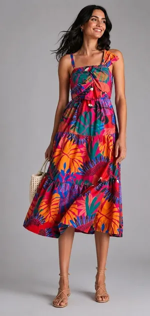 ✨🌴 Farm Rio Tropical Print Bow Front Tiered Midi Dress Size‎ Small 🌺🍹✨ thumbnail 1