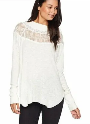 Free People Spring Valley Ivory Waffle Knit Lace Neck Long Sleeve Top Size Small thumbnail 1