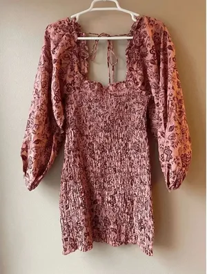 Free People Smock It To Me Mini Dress in Apricot Combo Women's Size Medium thumbnail 1