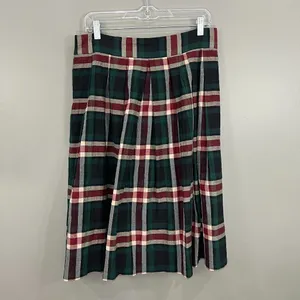 Cremieux Plaid Skirt Women 12 Green Burgundy Good Pleated A-Line Knee Length thumbnail 2