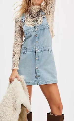 We The Free People‎ Edie Denim Skirtall Sz Large Skirt Overalls Boho Western thumbnail 1