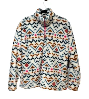 Eddie Bauer Womens Large Quarter Zip Fleece Faux Fur Pullover Southwestern Print thumbnail 1
