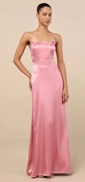 NWT Lulus Extraordinary Presence Pink Satin Strapless Maxi Dress Bridesmaid Sz M thumbnail 1