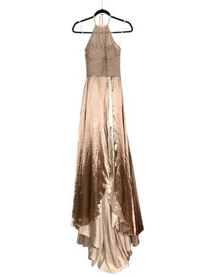 Sherri Hill 52570 Beaded Rhinestone Satin Layered Halter Gown 0 in Mocha thumbnail 4