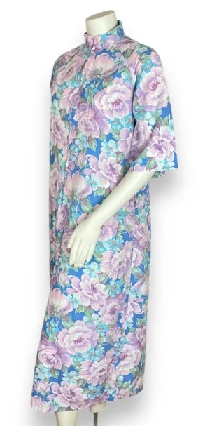 Vintage Handmade Housedress Floral Dress Purple Blue‎ Zip-Front Stand-Up Collar thumbnail 1