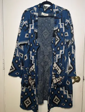 Miss Me Vintage Blue Geometric Patterned Open Front Cardigan Large thumbnail 1
