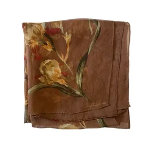 Vintage Ralph Lauren Floral Iris Print Autumnal Brown Silk Chiffon Long Scarf thumbnail 8