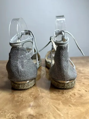 Stuart Weitzman Silver Metallic Lace-Up Espadrille Flats Size 8.5M thumbnail 4