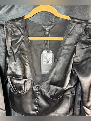 Brave Soul NWT Black Satin Lace-Trim Crop Top thumbnail 1