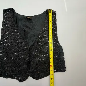 At Once Vintage Black Silk Beaded and Sequined Cropped Vest, Size Large thumbnail 3