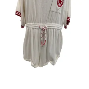Anthropologie Waffle Knit Romper Varsity Stripe Deep V‎ Back White Red Large thumbnail 6