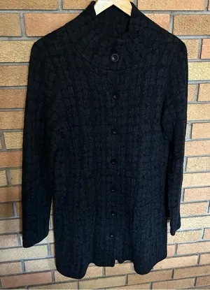 Eileen Fisher Black & Gray Button Down Wool Blend Cardigan Coat Sweater Size M thumbnail 1