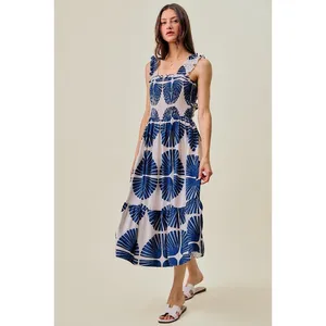 SO ME Abstract Print Smocked Bodice Tiered Lined Midi Dress - Navy - Large thumbnail 11