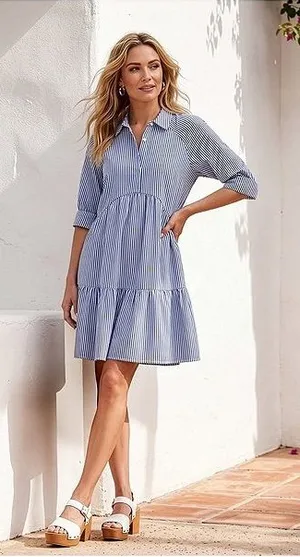 A Loves A Striped Tiered Button-Front Shirt Dress XS thumbnail 1