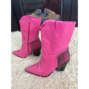 Hot Pink Crocodile Embossed Heeled Cowboy Boots Rhinestone‎ Fringe Women 8 NWOT thumbnail 4