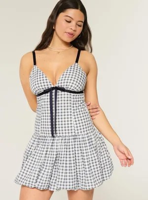 Hollister Blue Plaid Smocked Mini Dress Size Large thumbnail 1