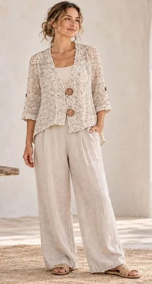 Hailey Lyn Open Weave Cardigan Womens Top Sz L Coastal Lagenlook Boho Button thumbnail 1