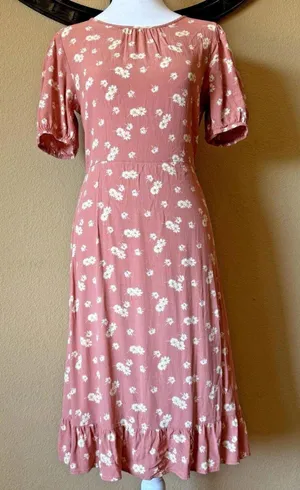 Bohme Cottagecore Short Sleeve Midi Dress Peach Floral Daisy Womens Small thumbnail 1