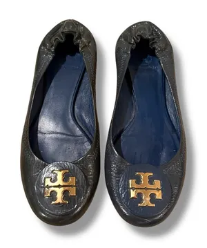 Tory Burch Minnie‎ Scrunch Navy Blue Leather Ballet Flats Sz 7 Estimated thumbnail 1