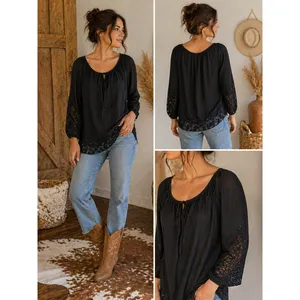 Roper Black Embroidered Peasant Blouse Long Sl‎ Boho Top Small Western Peasant thumbnail 2