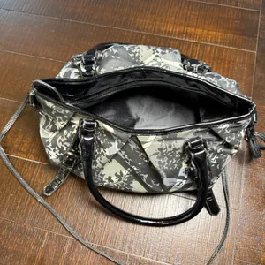 Floral Plaid Check Satchel Bag‎ Black White Patent Trim Purse Tote Crossbody thumbnail 14
