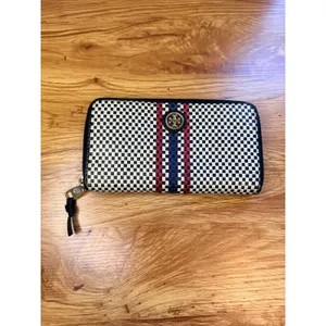 Tory Burch Woven Leather Checkerboard Zip Continental Wallet Navy White OS thumbnail 3