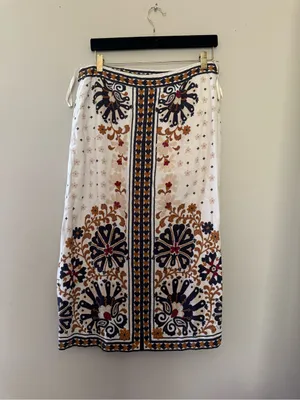 FARM Rio White Wrap Midi Skirt with Navy & Mustard Print thumbnail 3