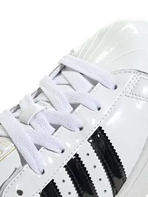 adidas White Superstar Patent Leather Sneakers with Black Stripes and Shell Toe thumbnail 2