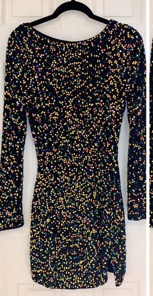 Bella Barnett NWT Sequin Mini Dress M Black Rainbow Long Sleeve‎ Open Back Dress thumbnail 1