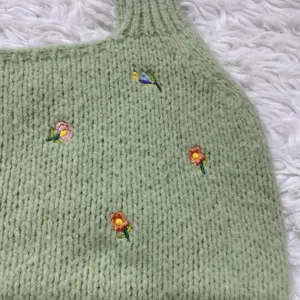 English Factory Knit Tank Top Green Floral Embroidered Square Neck Medium thumbnail 2