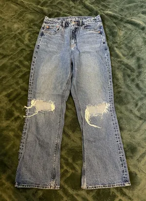 American Eagle blue bootcut jeans with distressed details size 10 SHORT thumbnail 1