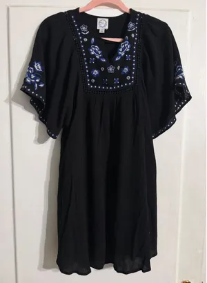 Blue Rain Black Embroidered Boho Mini Dress‎ Floral Tassel Tie Flutter Sleeve S thumbnail 1