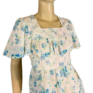 Vintage Circa 1970'S White W/Blue Floral Print Empire Waist Maxi Dress (S) thumbnail 6