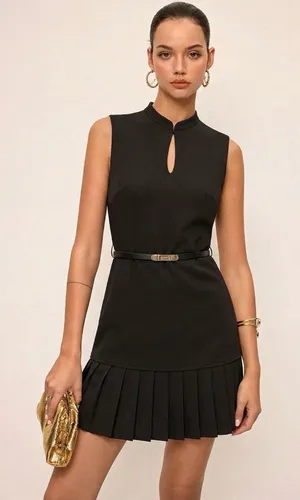 Commense Black Keyhole Pleated-Hem Mini Dress thumbnail 1