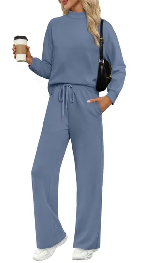 amazon blue two piece mock neck set thumbnail 1