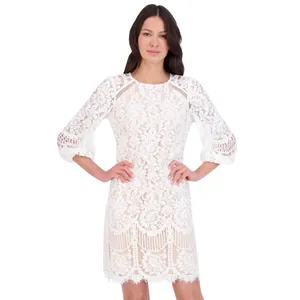 Vince Camuto Petite Jewel-Neck Lace Shift Dress Ivory Off White / Beige Brown 2P thumbnail 6