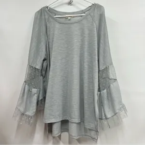 Umgee Sheer large bell sleeve Polk a dot Mesh Top High Low Hem thumbnail 1