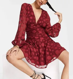 ASOS New Design V-Neck Ruched Waist Long Sleeve Skater Mini Dress Oxblood Size 0 thumbnail 2