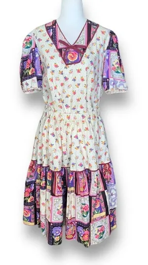 Vintage Handmade Square Dancing Skirt Set Purple Pansy Floral Printed Midi‎ thumbnail 1