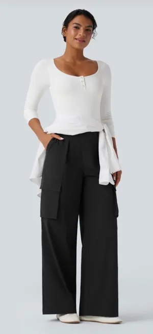 Halara High Waisted Pull On Cargo Wide Leg Travel Pants Black Size XL. thumbnail 1