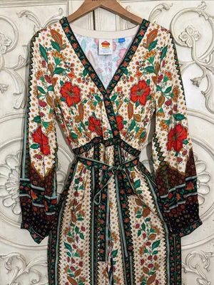 Farm Rio x New Anthropologie Cotton Boho Floral Jumpsuit Long Sleeve S-S thumbnail 6