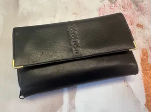 Vtg Black Embossed Genuine Leather‎ Wallet Coin Section Checkbook READ Retro 80s thumbnail 1