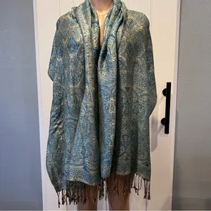 Pashmina Silk blend fringe Elegant Blue and Gold Paisley Scarf wrap shawl 70’ thumbnail 3